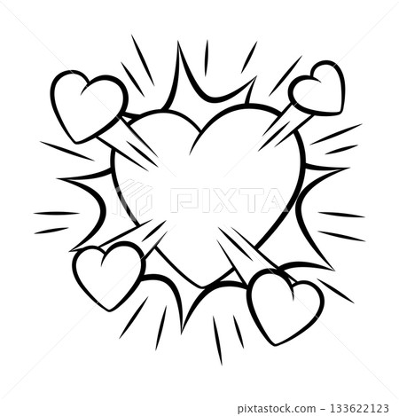 Valentine cartoon heart with explosion. Romantic speech bubble in comic style. Love greeting card. Valentine cartoon heart with explosion. Romantic speech bubble in comic style. Love greeting card. 133622123