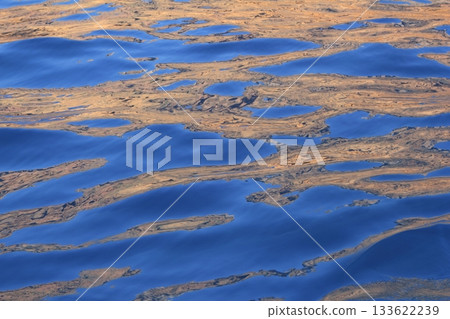 Abstract golden reflection blue water shapes Abstract golden reflection blue water shapes 133622239