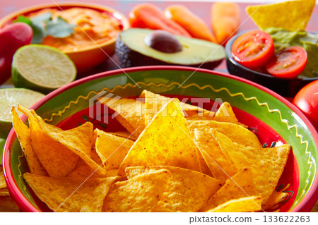 Mexican food nachos and guacamole chili sauce Mexican food nachos and guacamole chili sauce 133622263