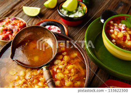 Pozole with mote big corn stew from Mexico in cooking pot Pozole with mote big corn stew from Mexico in cooking pot 133622300