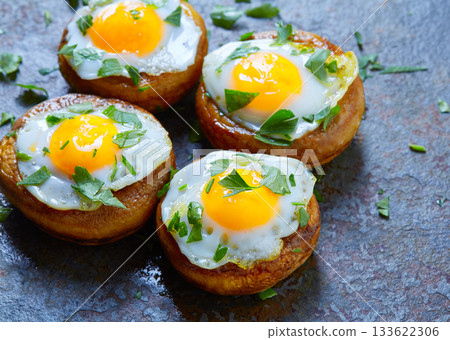 Tapas mushrooms with quail eggs from Spain 133622306