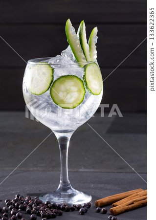 Gin tonic cocktail with cucumber and cinnamon and juniper Gin tonic cocktail with cucumber and cinnamon and juniper 133622365