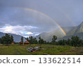 Picturesque double rainbow in the countryside 133622514