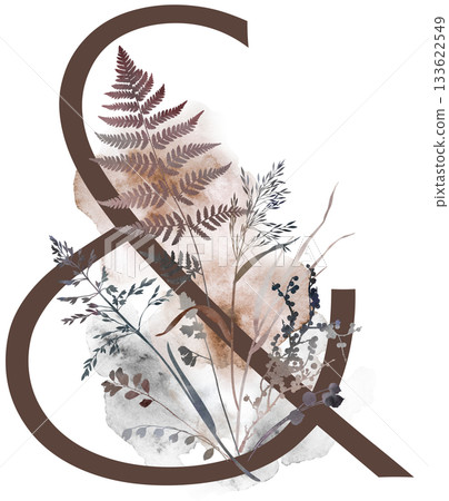 Symbol Ampersand with watercolor autumn leaves and grass in earth tones, winter wedding illustration Symbol Ampersand with watercolor autumn leaves and grass in earth tones, winter wedding illustration 133622549