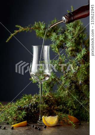 Gin is poured from a vintage bottle into a glass. Gin is poured from a vintage bottle into a glass. 133622945