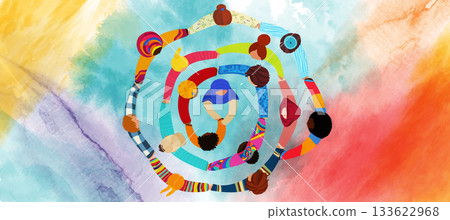 Diverse people unite in a colorful spiral circle seen from above symbolizing connection and inclusion Diverse people unite in a colorful spiral circle seen from above symbolizing connection and inclusion 133622968