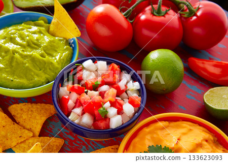 Mexican food nachos guacamole pico gallo cheese 133623093
