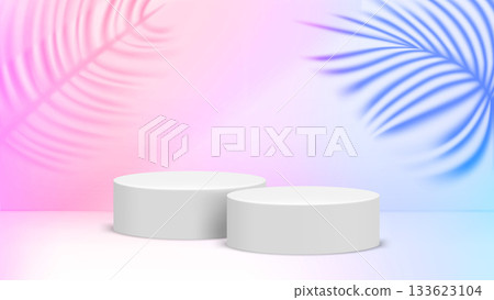 Colorful room with podium and plant shadows. 3d vector template 133623104