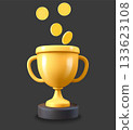 Gold trophy with golden coins. 3d vector icon 133623108