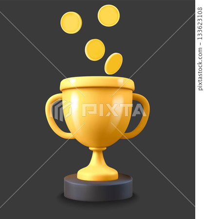 Gold trophy with golden coins. 3d vector icon 133623108