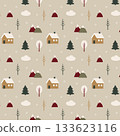 Seamless Scandinavian winter pattern with small houses, mountains, trees and snowflakes on beige background 133623116