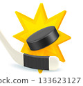 Ice hockey stick and puck with explosion. 3d vector illustration 133623127
