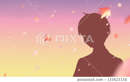 學生在風中搖曳，秋葉，剪影，黃昏 133623158