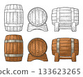 Wooden barrel front and side view engraving vector illustration 133623265
