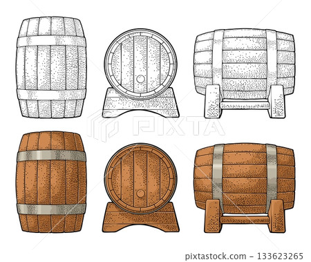 Wooden barrel front and side view engraving vector illustration Wooden barrel front and side view engraving vector illustration 133623265