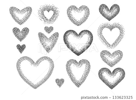 Sand noise grain heart shapes set. Dot gradient figure icons. Geometry chaotic dotted halftone gradation texture effect. Vector retro stickers, y2k grange design elements made of perfect round dots Sand noise grain heart shapes set. Dot gradient figure icons. Geometry chaotic dotted halftone gradation texture effect. Vector retro stickers, y2k grange design elements made of perfect round dots 133623325