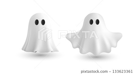 Vector 3d Halloween Ghost Clipart. Cute Halloween Ghost Character, Isolated. Cartoon Halloween Ghost Icon. Spooky White Ghost Illustration for Halloween Party Design 133623361