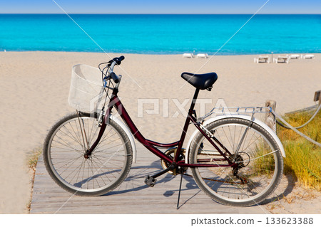 Bicycle in formentera beach on Balearic islands Bicycle in formentera beach on Balearic islands 133623388