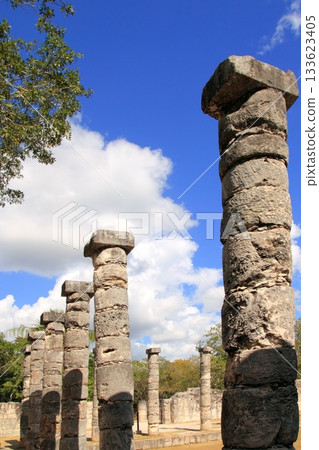 Columns Mayan Chichen Itza Mexico ruins in rows Columns Mayan Chichen Itza Mexico ruins in rows 133623405