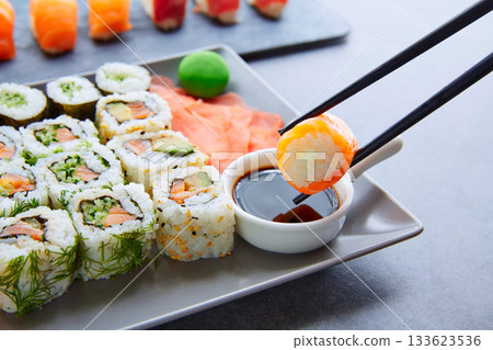 Sushi Maki and Niguiri soy sauce and wasabi 133623536