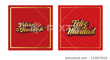 Feliz Navidad Merry Christmas in Spanish quote red card with golden text vector design, creative holiday typography, modern festive graphic art for cards, invitations, social media banners 133623616