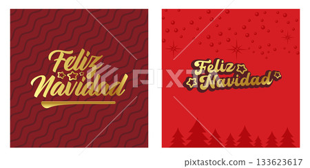 Feliz Navidad Merry Christmas in Spanish quote red card with golden text vector design, creative holiday typography, modern festive graphic art for cards, invitations, social media banners 133623617
