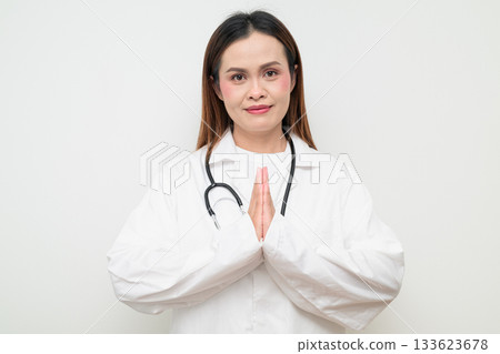 Thai Healthcare Professional Doctor in White Coat Greeting Thai Healthcare Professional Doctor in White Coat Greeting 133623678