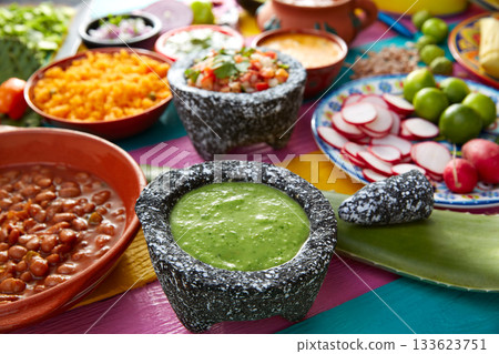 Green sauce with tomato and chili pepper 133623751