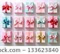 Stylish gifts. Gift boxes in pastel colors. Celebration, birthdays, Christmas and branding. Packaging. Top view. 133623840