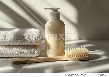 Home cleaning. Brush next to a detergent bottle on a light background. Commercial use. 133623847