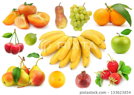Assorted Fresh Fruits Isolated on White Including Bananas, Persimmons, Pears, Oranges, Grapes, Apples, Cherries, Strawberries and Pomegranate in a Clean Studio Composition 133623854