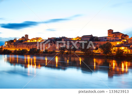 Zamora skyline at sunset by Duero river Spain 133623913