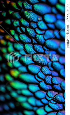 Abstract macro shot of intricate, overlapping scales of a butterfly wing. The textured surface shimmers with iridescent colors, creating a mesmerizing jewel toned effect. Delicate natural structure 133624088