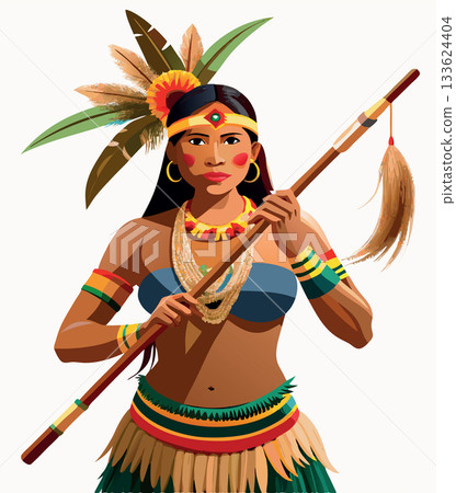 Native american woman kneeling holding spear in nature Native american woman kneeling holding spear in nature 133624404