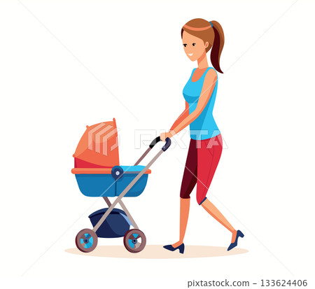 Young happy mother walking and pushing a stroller 133624406