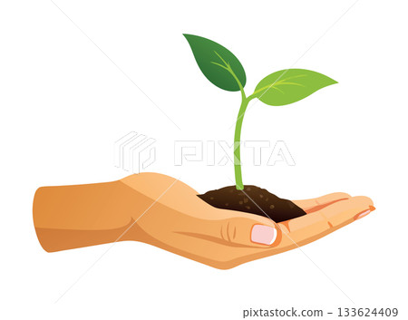 Hand is gently holding rich soil with a young plant sprouting 133624409