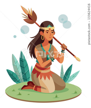 Native american woman kneeling holding spear in nature Native american woman kneeling holding spear in nature 133624416