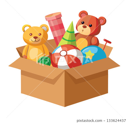 Cardboard box overflowing with colorful toys for happy children Cardboard box overflowing with colorful toys for happy children 133624437