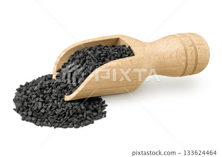 Nigella sativa or Black cumin in wooden scoop isolated on white background Nigella sativa or Black cumin in wooden scoop isolated on white background 133624464