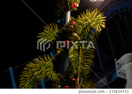 A lamppost wrapped in Christmas garland and ornaments stands beside green palm fronds at night. A roller coaster track rises in the background, adding theme park energy to the festive scene. A lamppost wrapped in Christmas garland and ornaments stands beside green palm fronds at night. A roller coaster track rises in the background, adding theme park energy to the festive scene. 133624731