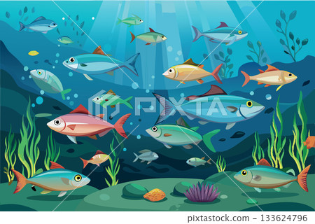 Colorful tropical fish swimming in ocean reef- 133624796