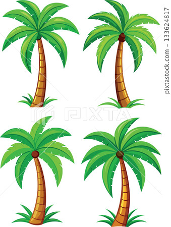 Four cartoon palm trees growing with green leaves Four cartoon palm trees growing with green leaves 133624817