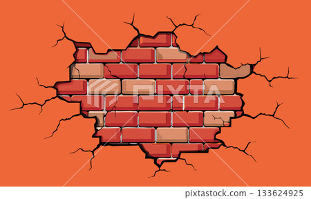 Orange cracked wall revealing brick wall background- Orange cracked wall revealing brick wall background- 133624925