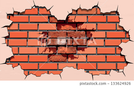 Orange cracked wall revealing brick wall background- 133624926