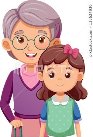 Grandmother holding walking stick standing with granddaughter 133624930