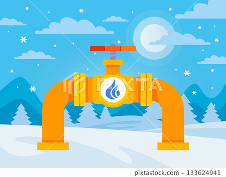 Yellow gas pipe on winter background. Yellow gas pipe on winter background. 133624941