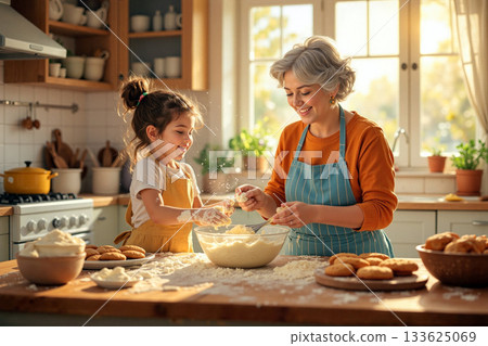 Joyful Baking Experience Between Grandmother and Granddaughter in a Cozy Kitchen During a Sunny Afternoon 133625069