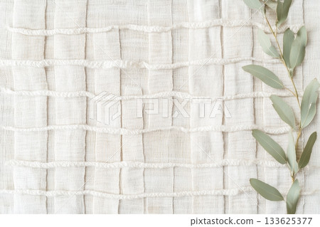 Natural fabric texture with decorative greenery on white backdrop Natural fabric texture with decorative greenery on white backdrop 133625377