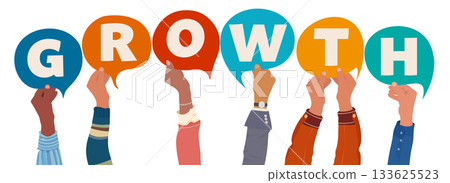Diverse hands raising speech bubbles that form the word growth to represent collaborative business progress Diverse hands raising speech bubbles that form the word growth to represent collaborative business progress 133625523
