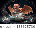 adorable cutest peach dragon kid guarding treasure box. Digital artwork.  AI generated 133625730